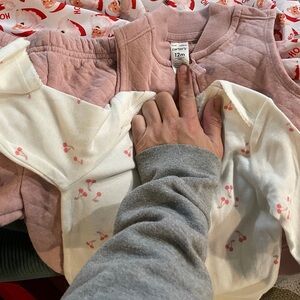 Carter's Pink White Cherry Fruit Onesie Bodysuit Quilted Sweatpants Vest Set 12M
